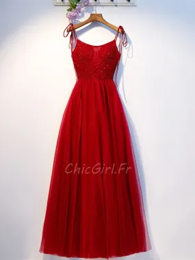 Robe De Soirée Chic Longue Rouge Tulle Perles Avec Bretelle